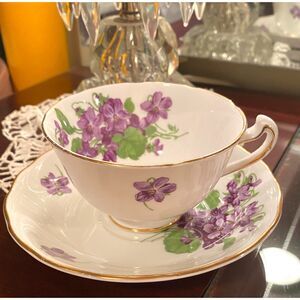 Melba Bone China Teacup and Saucer Violets Gold Trim